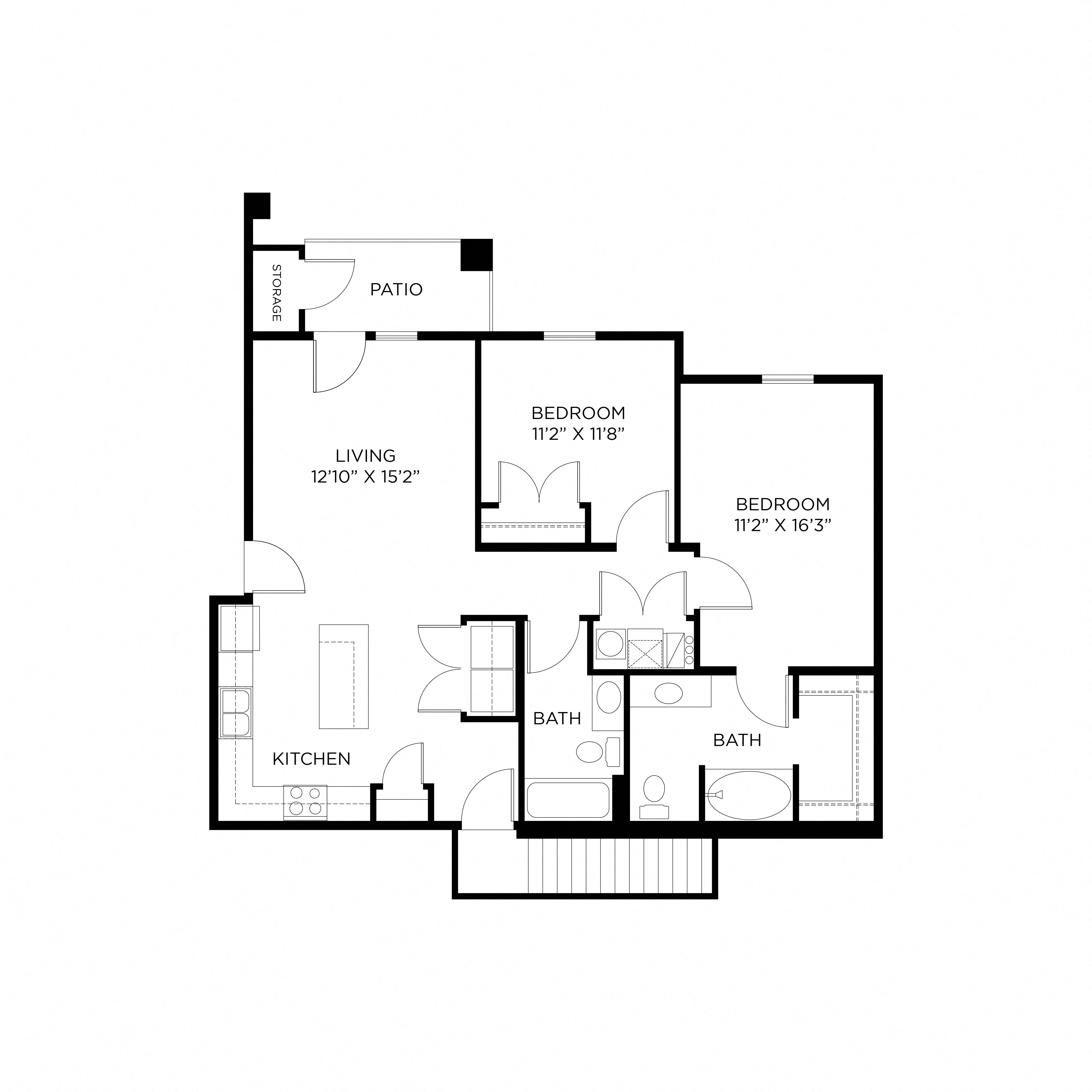 Floor plan for 2 beds, 2 baths, 1073 sqft